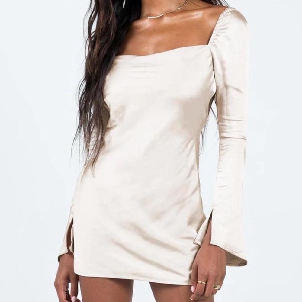 Princess Polly Star Power Mini Dress Champagne Satin Long Sleeve Square Neck 2